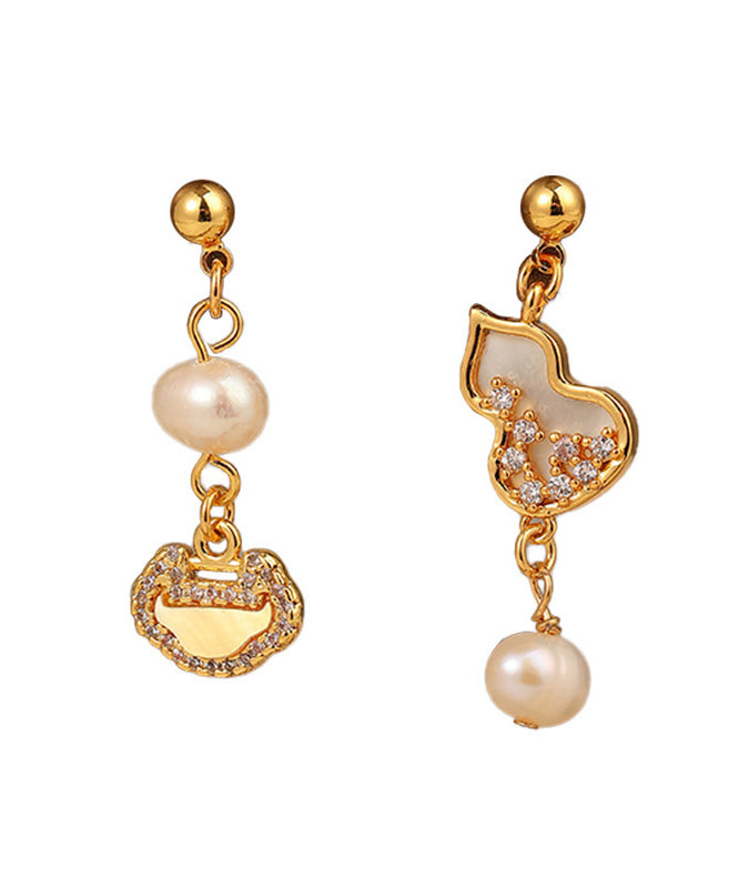 Boucles d'oreilles pendantes en cuivre doré de style chinois avec perles et zircons QI070