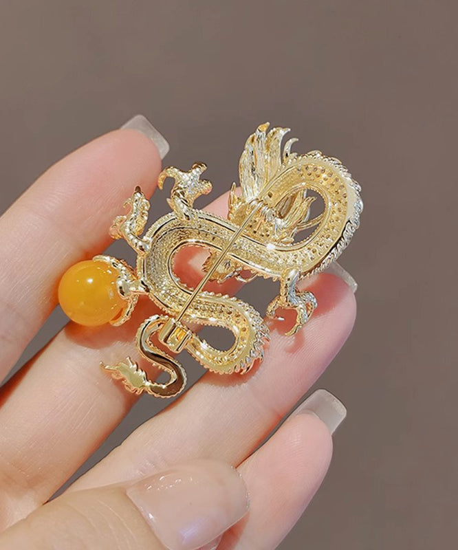 Chinese Style Gold Sterling Silver Alloy Zircon Golden Dragon Playing With Pearl Brooches WP013