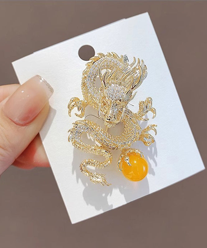 Chinese Style Gold Sterling Silver Alloy Zircon Golden Dragon Playing With Pearl Brooches WP013