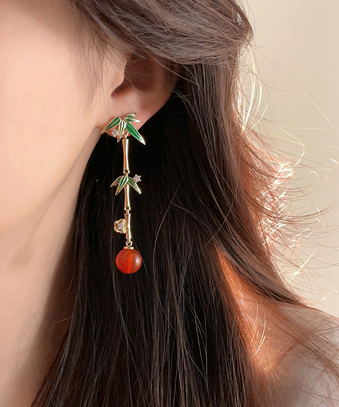 Chinese Style Gold Sterling Silver Overgild Agate Bamboo Joint Tassel Drop Earrings EY001