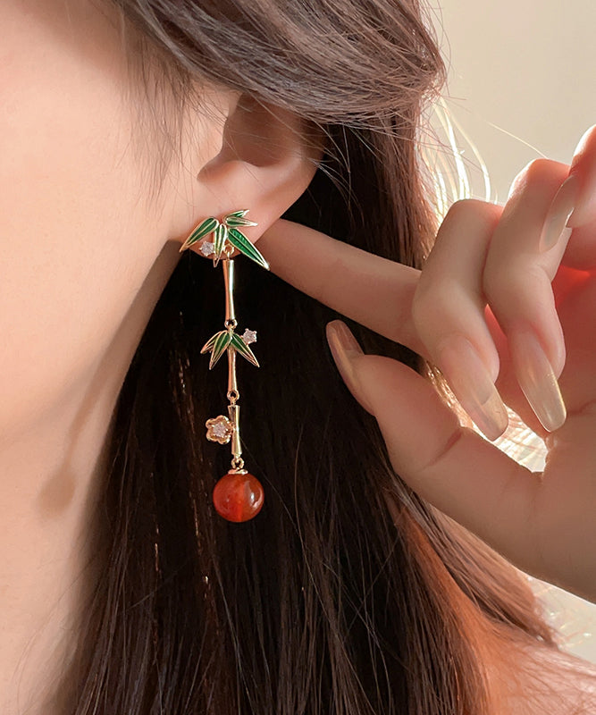 Chinese Style Gold Sterling Silver Overgild Agate Bamboo Joint Tassel Drop Earrings EY001