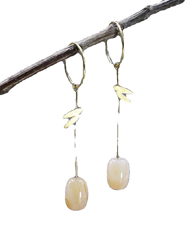 Boucles d'oreilles pendantes en agate dorée de style chinois QQ002