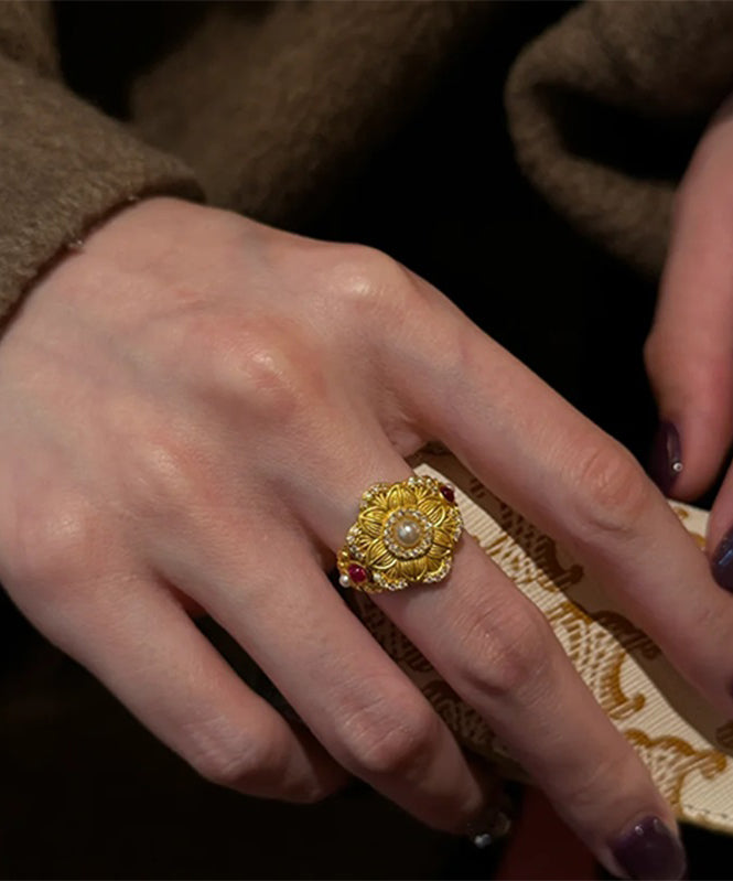 Chinese Overgild Pearl Rings Stone Style Sterling Gold Gem Silver