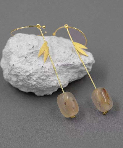 Chinese Style Gold Sterling Silver Overgild Water Drop Bamboo Leaf Drop Earrings AC1066