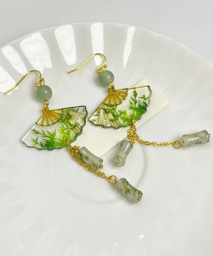 Chinese Style Green Acrylic Alloy Jade Bamboo Fan Tassel Drop Earrings WH039