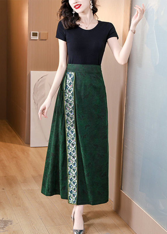 Chinese Style Green Asymmetrical Print Silk Skirts Spring QQ1030