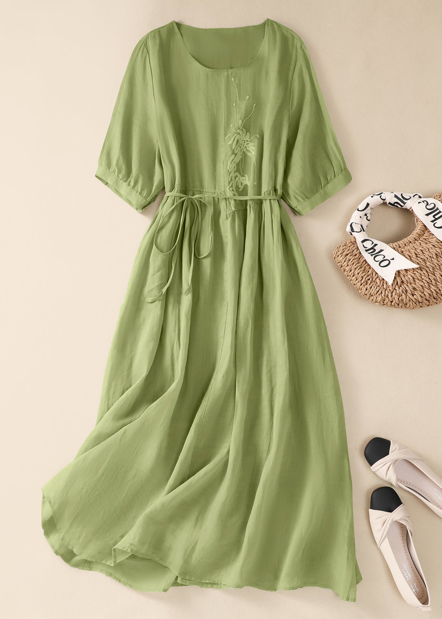 Robe d'été en coton vert style chinois à col rond et taille nouée brodée AM1047