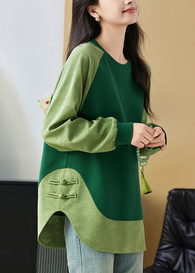 Chinese Style Green O Neck Jacquard Patchwork Cotton Sweatshirts Top Spring TQ036