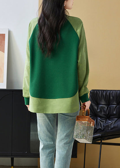 Chinese Style Green O Neck Jacquard Patchwork Cotton Sweatshirts Top Spring TQ036