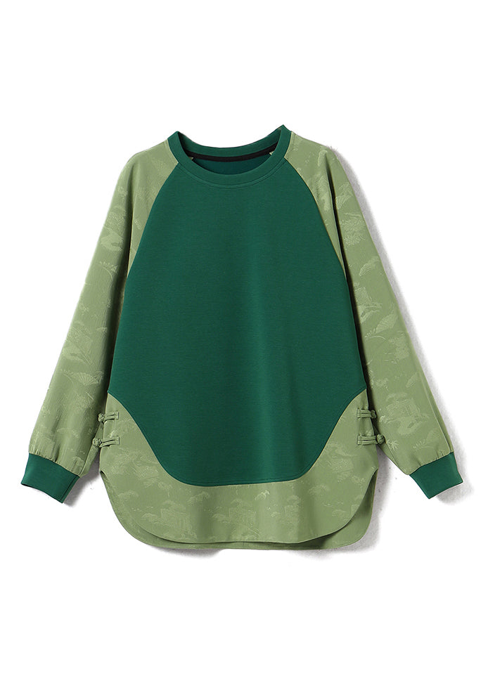 Chinese Style Green O Neck Jacquard Patchwork Cotton Sweatshirts Top Spring TQ036