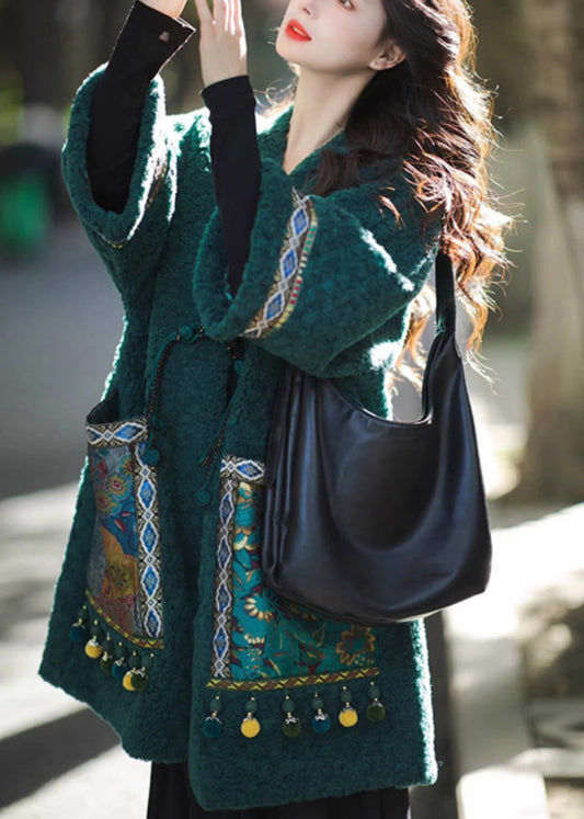 Chinese Style Green Pockets Oriental Button Patchwork Faux Fur Coat Winter RS044