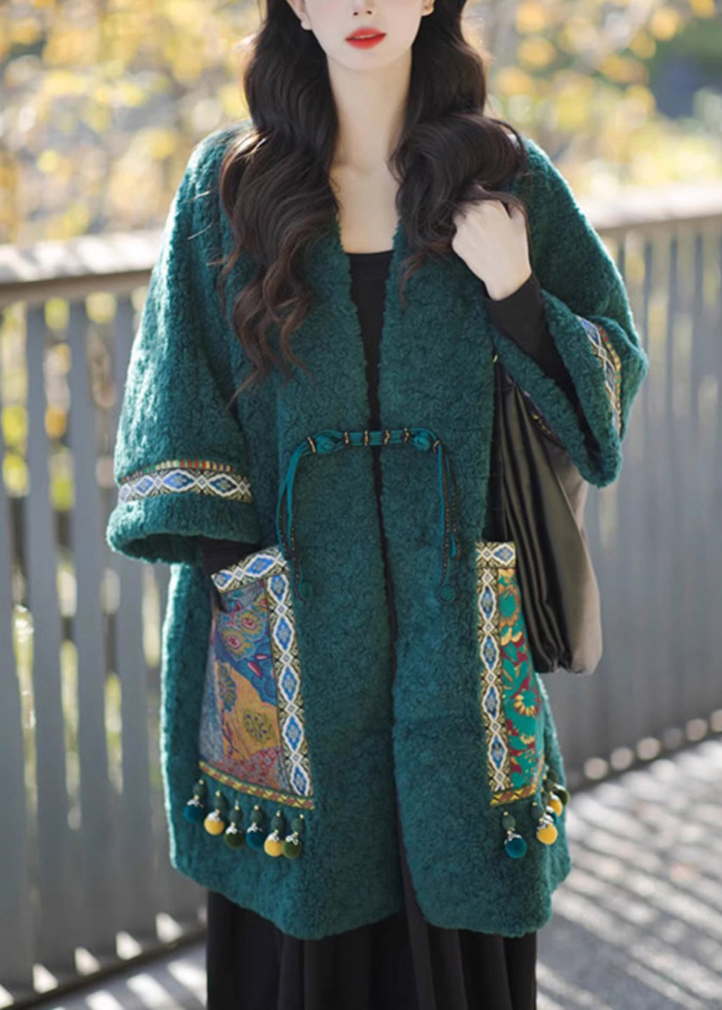 Chinese Style Green Pockets Oriental Button Patchwork Faux Fur Coat Winter RS044