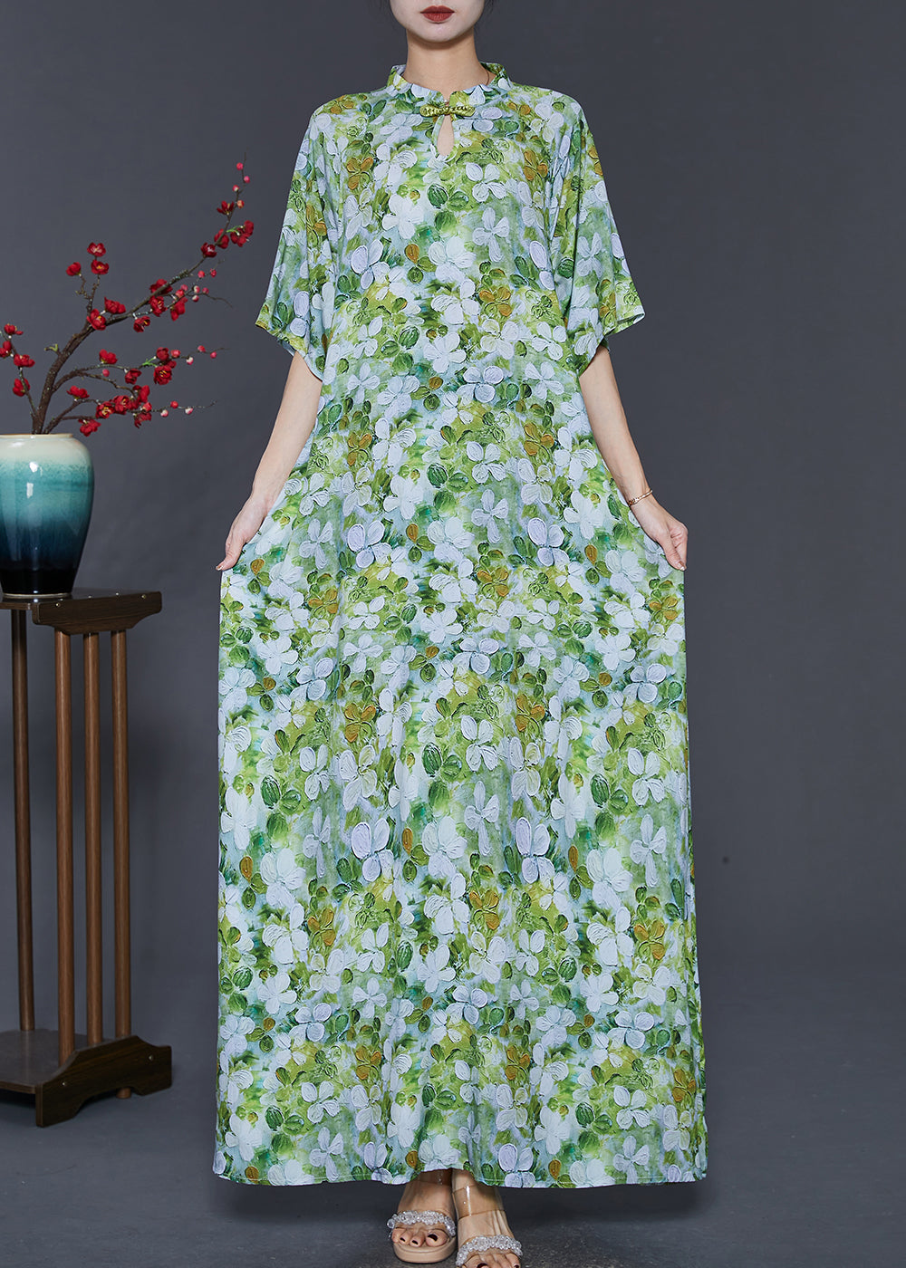 Robe cheongsam en coton imprimé vert de style chinois pour l'été SD1083