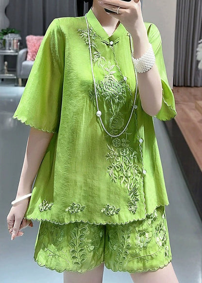 Chinese Style Green Stand Collar Embroidered Floral Shirts And Shorts Two Piece Set Short Sleeve VB1091