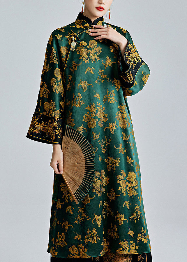 Chinese Style Green Stand Collar Jacquard Button Silk Dresses Spring Ada Fashion