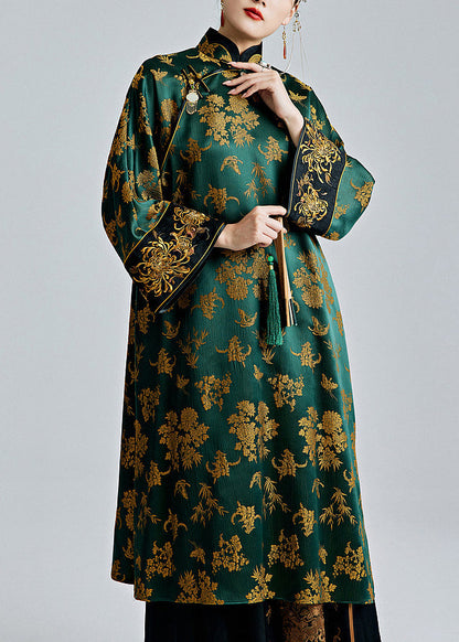 Chinese Style Green Stand Collar Jacquard Button Silk Dresses Spring Ada Fashion