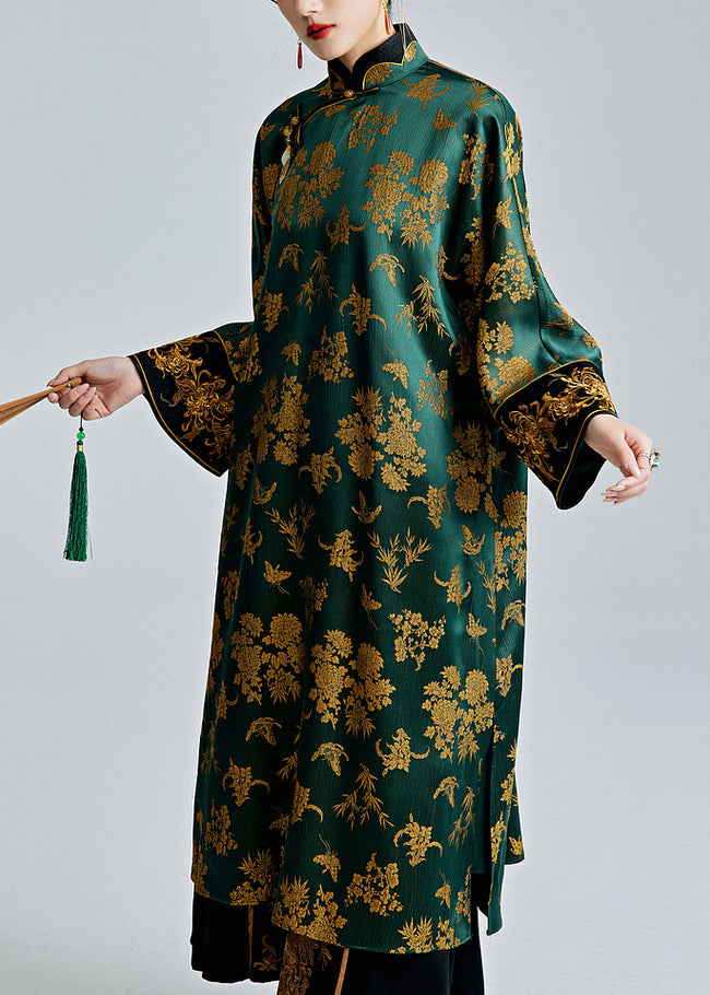 Chinese Style Green Stand Collar Jacquard Button Silk Dresses Spring Ada Fashion