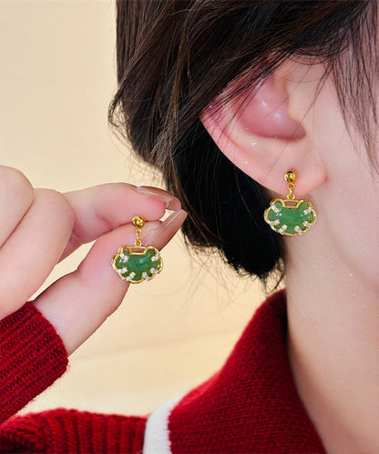 Chinese Style Green Sterling Silver Overgild Zircon Jade Safety Lock Stud Earrings WH045