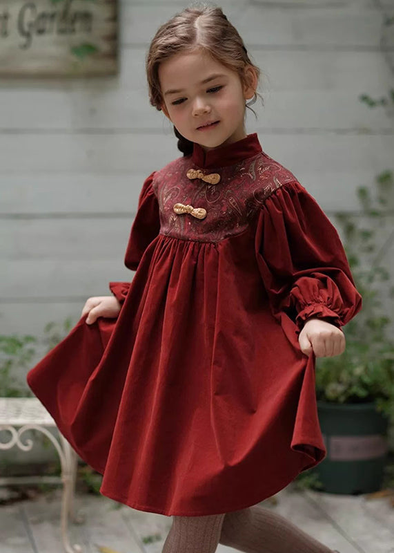Robe longue en velours côtelé brodé à col montant style chinois pour fille, printemps YE018