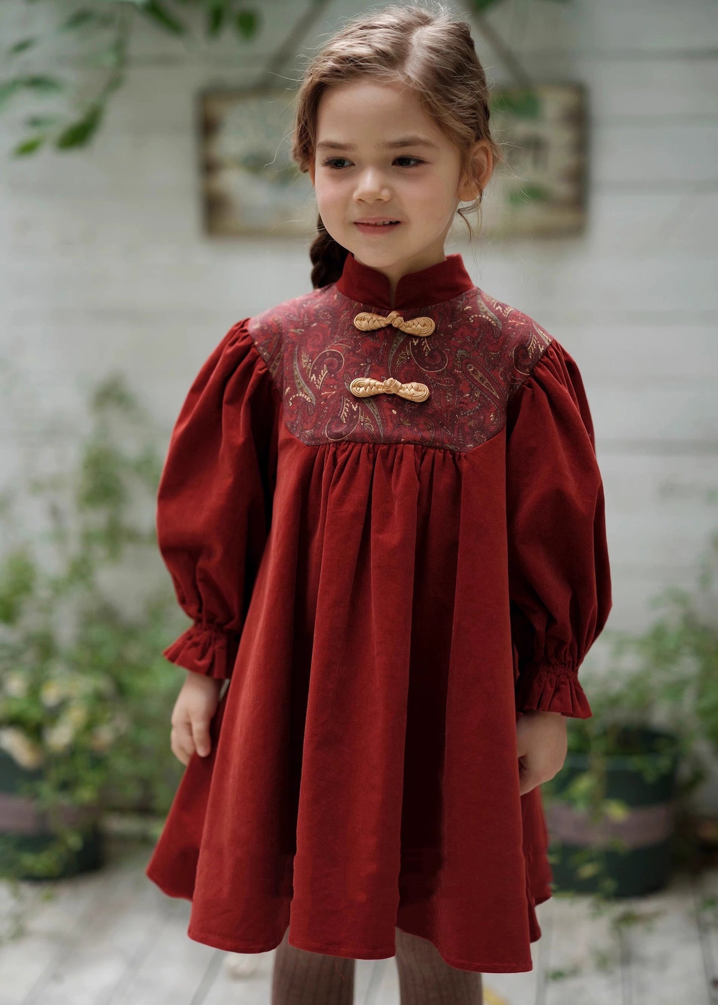 Robe longue en velours côtelé brodé à col montant style chinois pour fille, printemps YE018