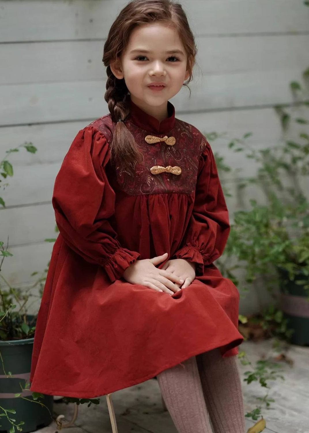 Robe longue en velours côtelé brodé à col montant style chinois pour fille, printemps YE018