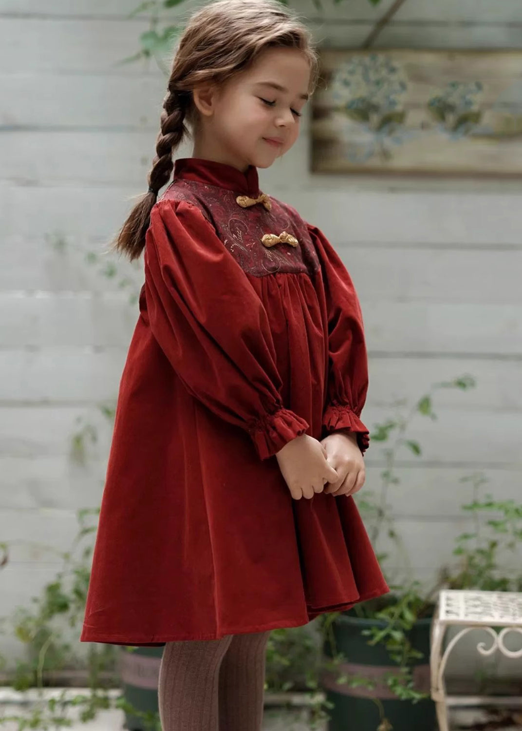 Robe longue en velours côtelé brodé à col montant style chinois pour fille, printemps YE018