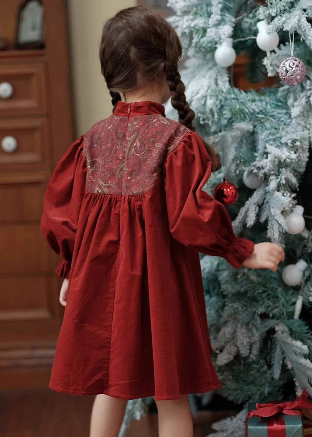 Robe longue en velours côtelé brodé à col montant style chinois pour fille, printemps YE018