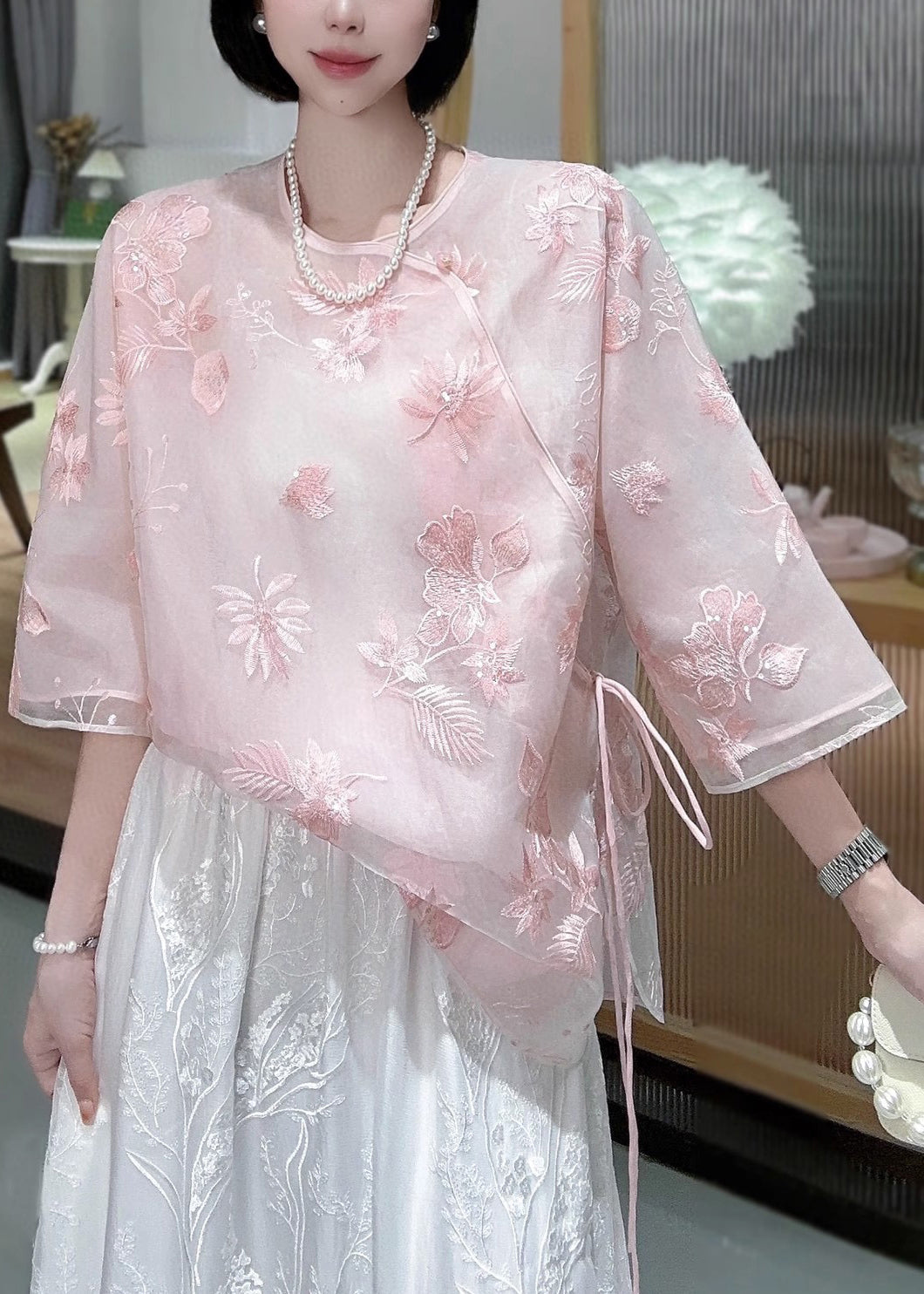 Chinese Style Pink Embroidered Lace Up Tulle Blouses Spring Ada Fashion