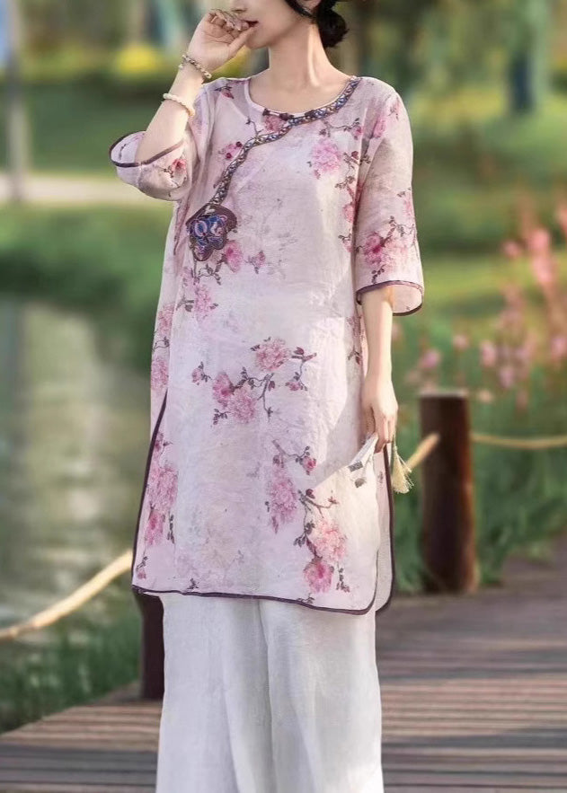 Embroidered Style Dress Pink Summer Linen Side Chinese Open