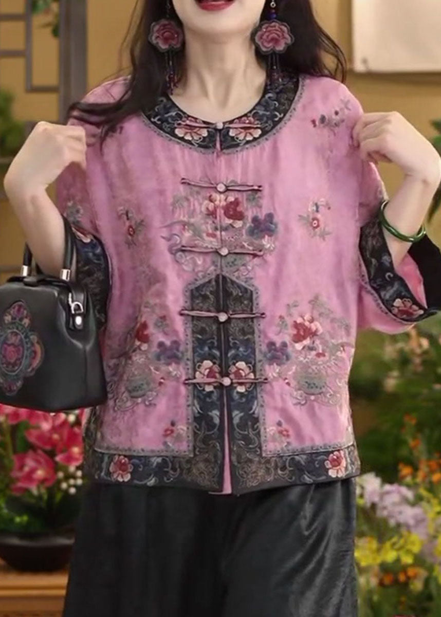 Chinese Style Pink O-Neck Oriental Button Cotton Shirt Tops Summer FF016