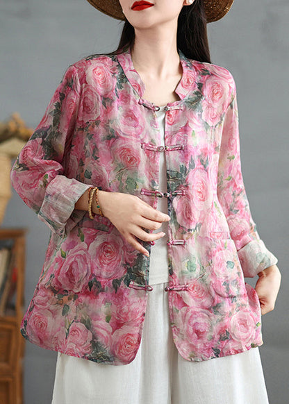 Chinese Style Pink Print Oriental Button Linen Shirts Coat Fall QO080