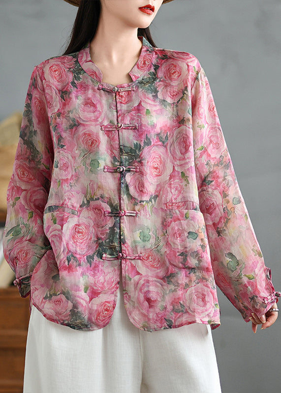 Chinese Style Pink Print Oriental Button Linen Shirts Coat Fall QO080