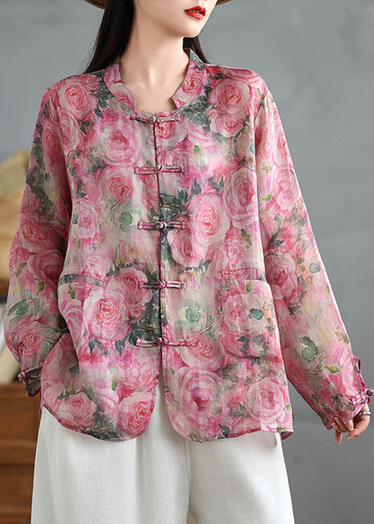 Chinese Style Pink Print Oriental Button Linen Shirts Coat Fall QO080