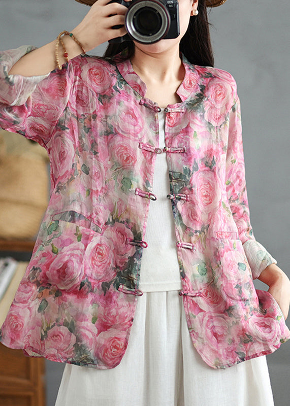 Chinese Style Pink Print Oriental Button Linen Shirts Coat Fall QO080