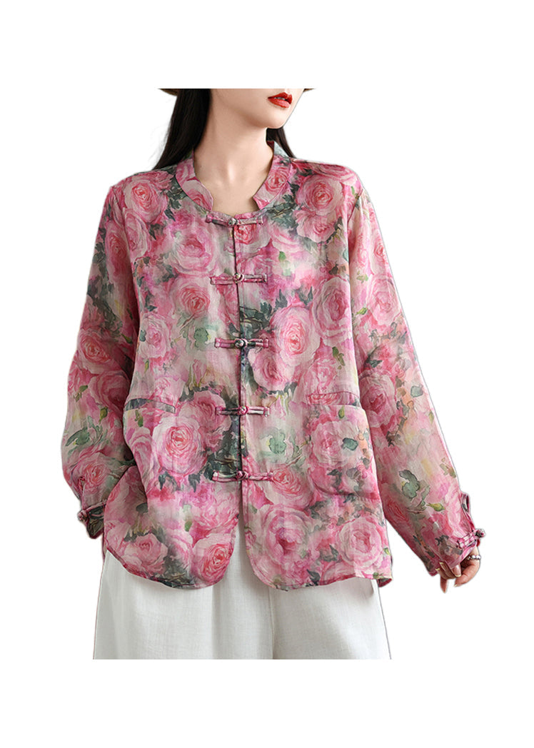 Chinese Style Pink Print Oriental Button Linen Shirts Coat Fall QO080