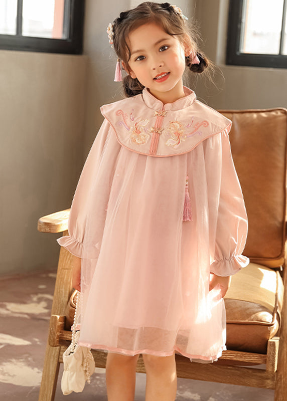 Robe longue brodée style chinois rose à col montant et manches lanternes pour filles TV028