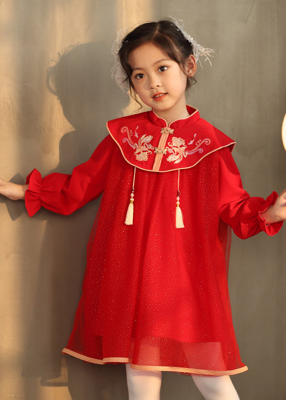 Robe longue brodée style chinois rose à col montant et manches lanternes pour filles TV028