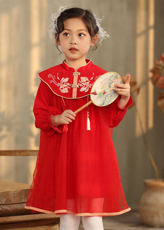 Robe longue brodée style chinois rose à col montant et manches lanternes pour filles TV028