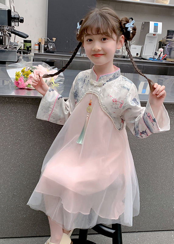 Maxi Kids Dress Bead Chinese Tulle Nail Collar Style Stand Pink