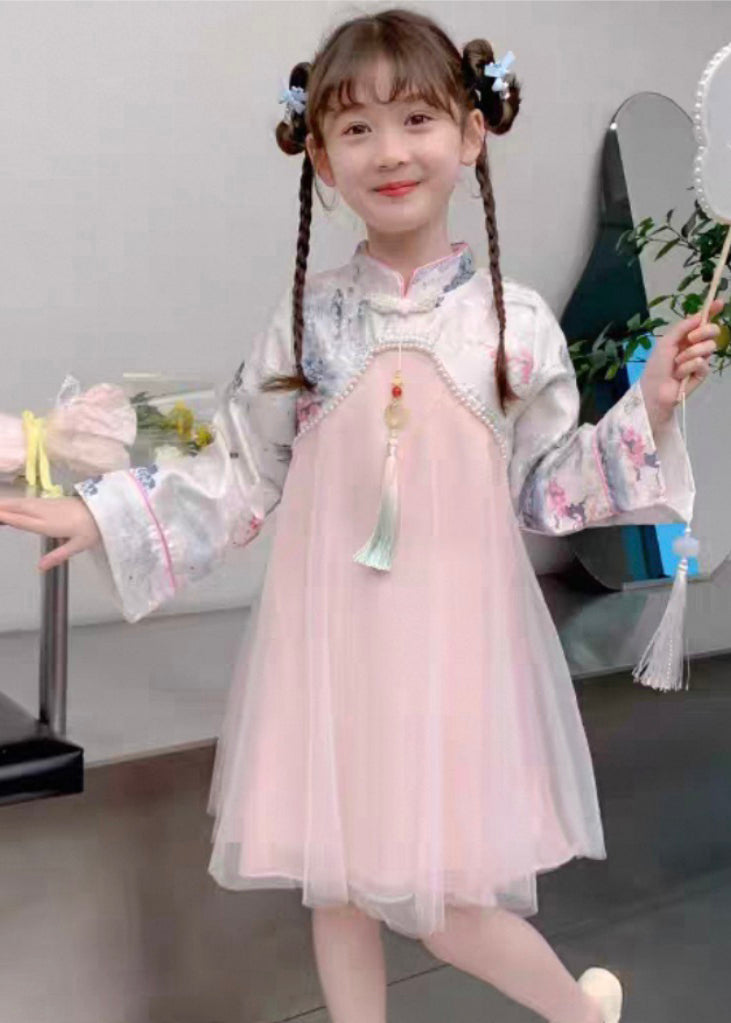 Maxi Kids Dress Bead Chinese Tulle Nail Collar Style Stand Pink