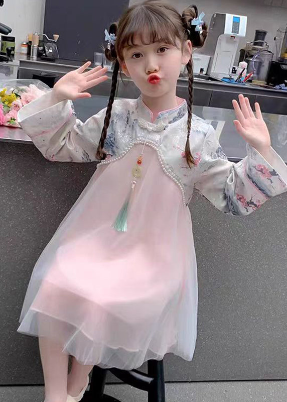 Maxi Kids Dress Bead Chinese Tulle Nail Collar Style Stand Pink