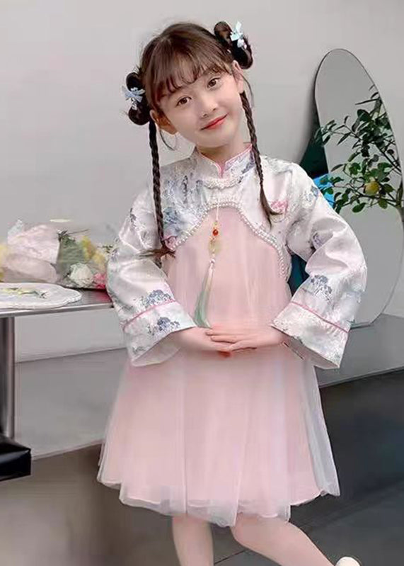 Maxi Kids Dress Bead Chinese Tulle Nail Collar Style Stand Pink