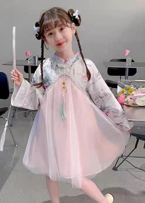 Maxi Kids Dress Bead Chinese Tulle Nail Collar Style Stand Pink