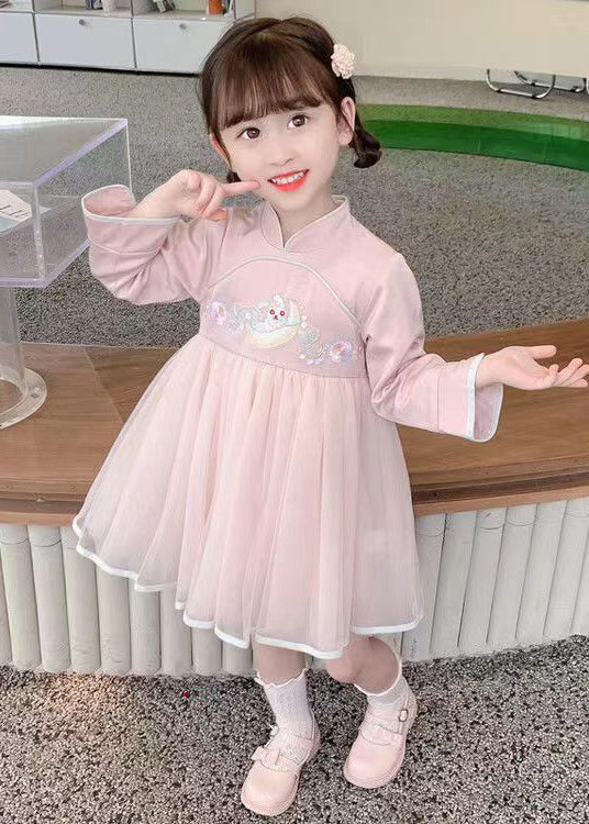 Robe de fille en tulle rose à col montant et manches longues style chinois XZ018