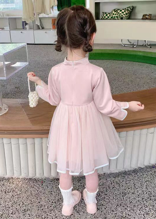 Robe de fille en tulle rose à col montant et manches longues style chinois XZ018