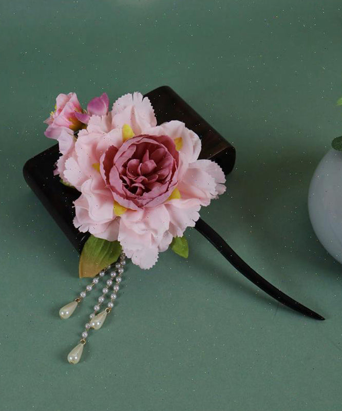 Chinesische rosa Holz Stil Haarnadel Pfingstrose Quaste Perle