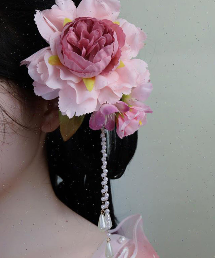 Chinesische rosa Holz Stil Haarnadel Pfingstrose Quaste Perle