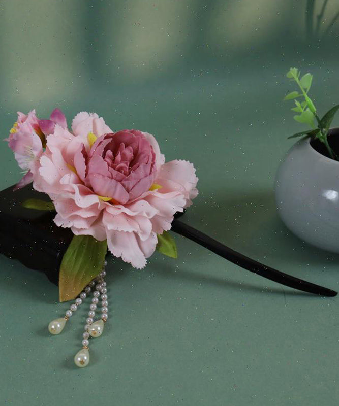 Chinesische rosa Holz Stil Haarnadel Pfingstrose Quaste Perle