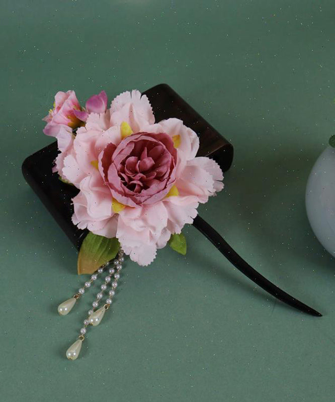 Chinesische rosa Holz Stil Haarnadel Pfingstrose Quaste Perle