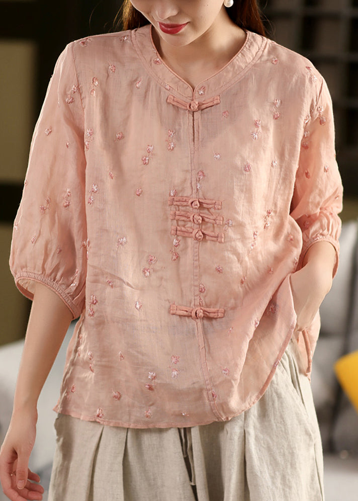 Style Purple Embroidered Linen Button Summer Oriental Top Chinese